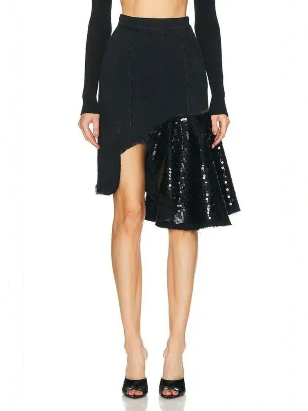 RtA Black Denim Sequin Asymmetrical Skirt High Rise Designer Size 0